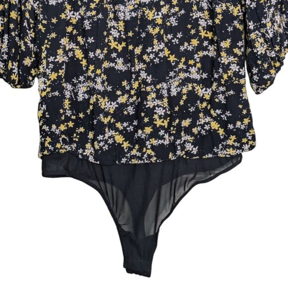 NEW Free People Dessa Bodysuit Top Medium Floral Pleated Puff Sleeve Tie Back - Picture 4 of 11